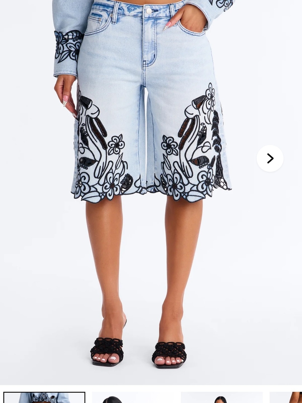 Fashion Nova Light Blue Denim Midi Skirt with Black Embroidered Trim